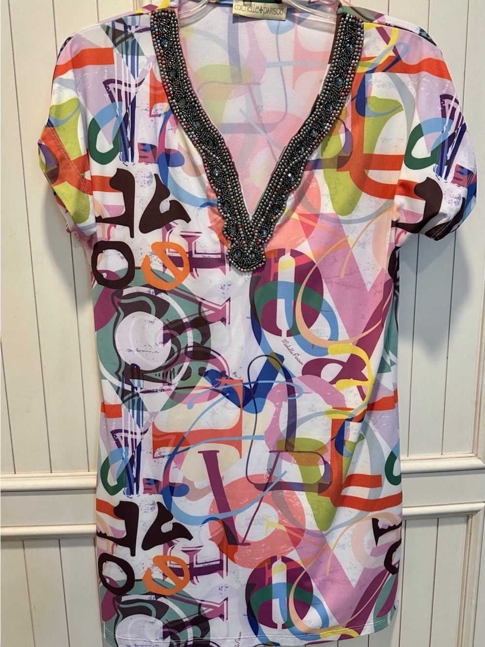 Michelle Parisou Beaded V-Neck Multicolor Graphic Tunic